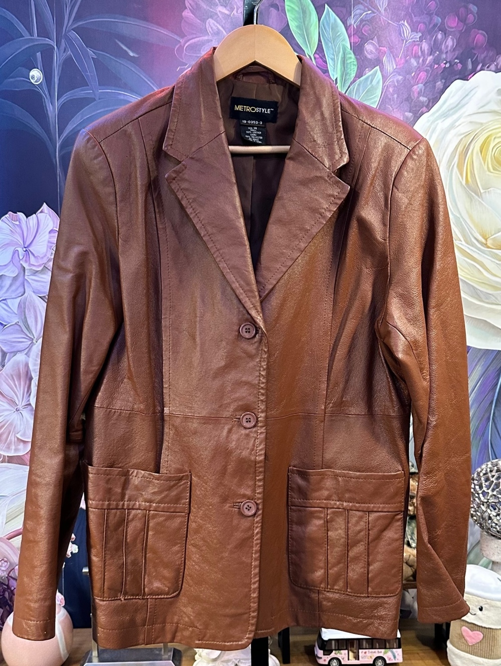 Metrostyle 14 Womens Genuine Leather Blazer Jacket Tailored Classic Cognac Brown
